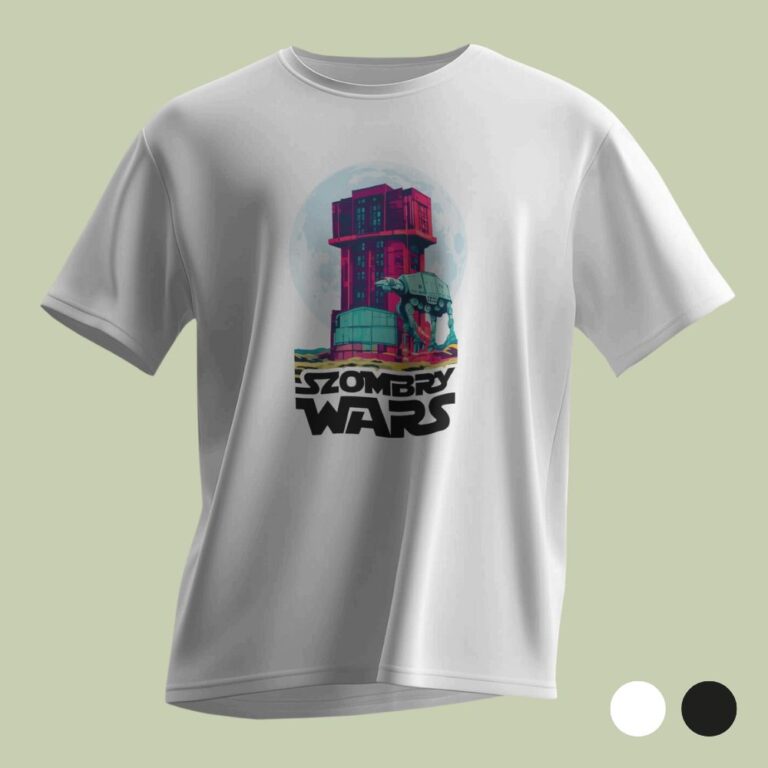 Biała koszulka T-shirt przedstawiona na jasnooliwkowym tle. Centralnie na klatce piersiowej umieszczono pop-artowy nadruk: wieżę wyciągową szybu Krystyna na tle księżyca oraz stojącego obok niej wielkiego robota kroczącego. Poniżej widnieje czarny, stylizowany napis „SZOMBRY WARS”. W prawym dolnym rogu znajdują się dwa okręgi – biały i czarny – oznaczające dostępne opcje kolorystyczne.