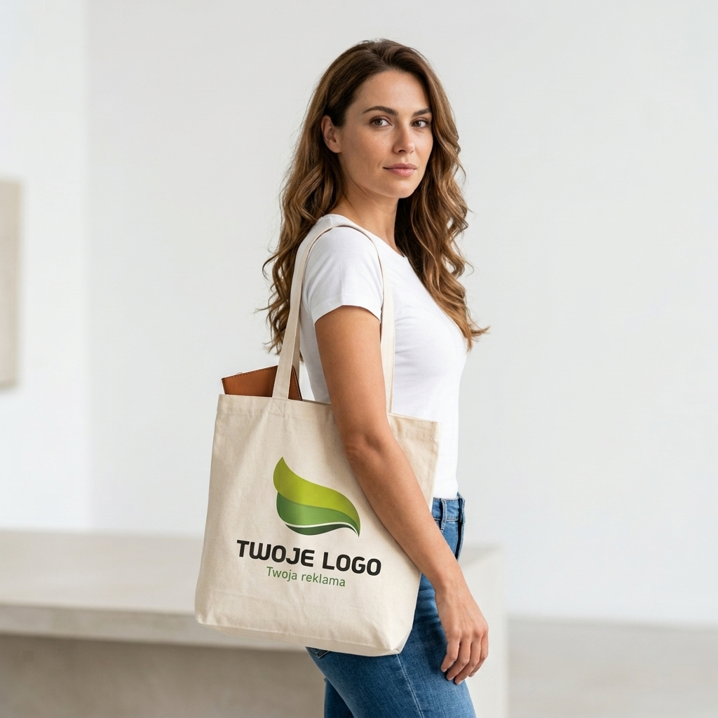 Kobieta z długimi, falowanymi włosami ubrana w biały T-shirt i niebieskie dżinsy, trzymająca na ramieniu bawełnianą torbę ekologiczną w kolorze kremowym. Na torbie widnieje nadrukowany jasnozielony symbol liścia oraz napis „TWOJE LOGO Twoja reklama”.