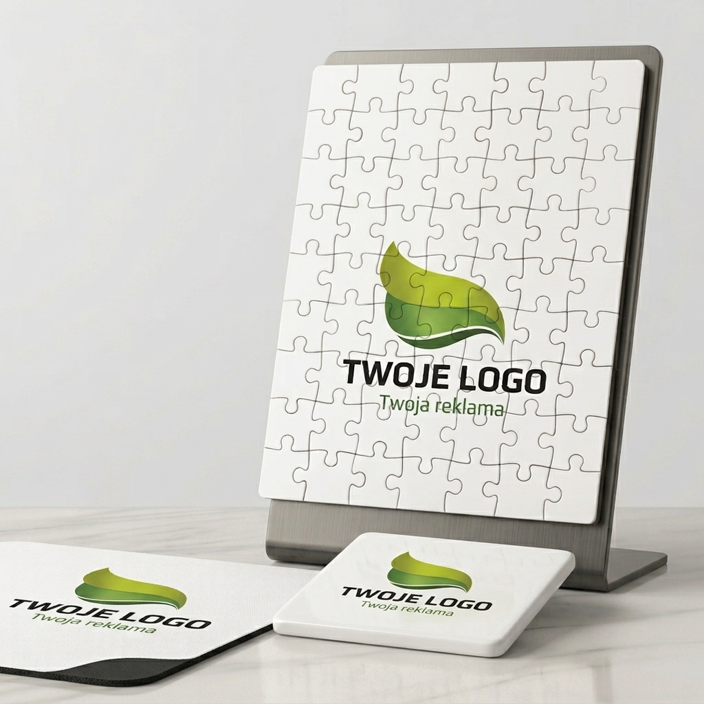 Zestaw gadżetów reklamowych zaprezentowany na jasnym tle. W centrum na stalowym stojaku umieszczono puzzle w kształcie prostokąta, na których nadrukowano zielony sygnet w kształcie liścia i napis „TWOJE LOGO Twoja reklama”. Na pierwszym planie leży kwadratowa podkładka pod mysz oraz podkładka pod kubek z tym samym logo.