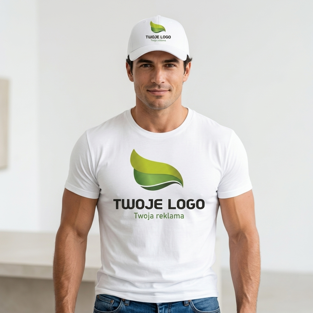 Mężczyzna w białej koszulce T-shirt oraz białej czapce z daszkiem, stojący w jasnym, minimalistycznym wnętrzu. Zarówno na klatce piersiowej na koszulce, jak i z przodu czapki widnieje jasnozielony sygnet w kształcie liścia wraz z napisem „TWOJE LOGO Twoja reklama”.