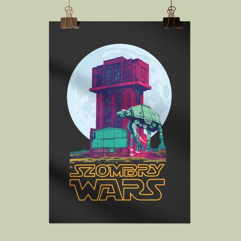 Czarny plakat przypięty u góry dwoma metalowymi klipsami na jasnym tle. Na plakacie widnieje popkulturowa ilustracja przedstawiająca wieżę wyciągową i wieżę ciśnień Elektrociepłowni Szombierki na tle jasnej pełni księżyca, obok której stoi maszyna krocząca, a u dołu umieszczono stylizowany napis „SZOMBRY WARS”.