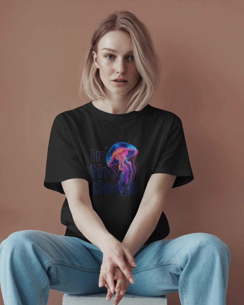 Jasnowłosa kobieta siedząca ze skrzyżowanymi nogami na jasnym stołku przed brązowym tłem, ze splecionymi dłońmi opartymi na kolanach. Ma na sobie czarny T-shirt oraz luźne, jasnoniebieskie dżinsy. Centralną część koszulki zdobi barwna, neonowa ilustracja meduzy z napisem „In the deep”.