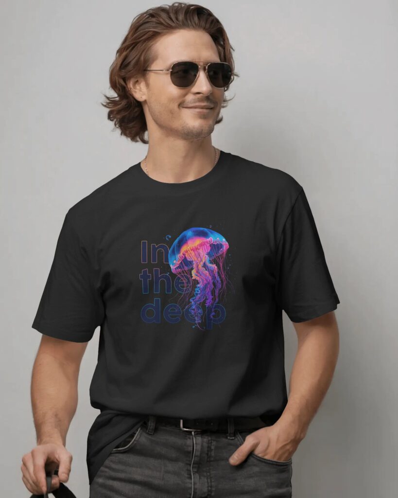 Uśmiechnięty mężczyzna z dłuższą fryzurą i okularami przeciwsłonecznymi, ubrany w czarny T-shirt wpuszczony w ciemnoszare dżinsy z czarnym paskiem. Na piersi koszulki nadrukowano graficzny motyw przedstawiający świecącą, fioletowo-różowo-niebieską meduzę połączoną z napisem „In the deep”. Tło stanowi gładka, szara ściana.